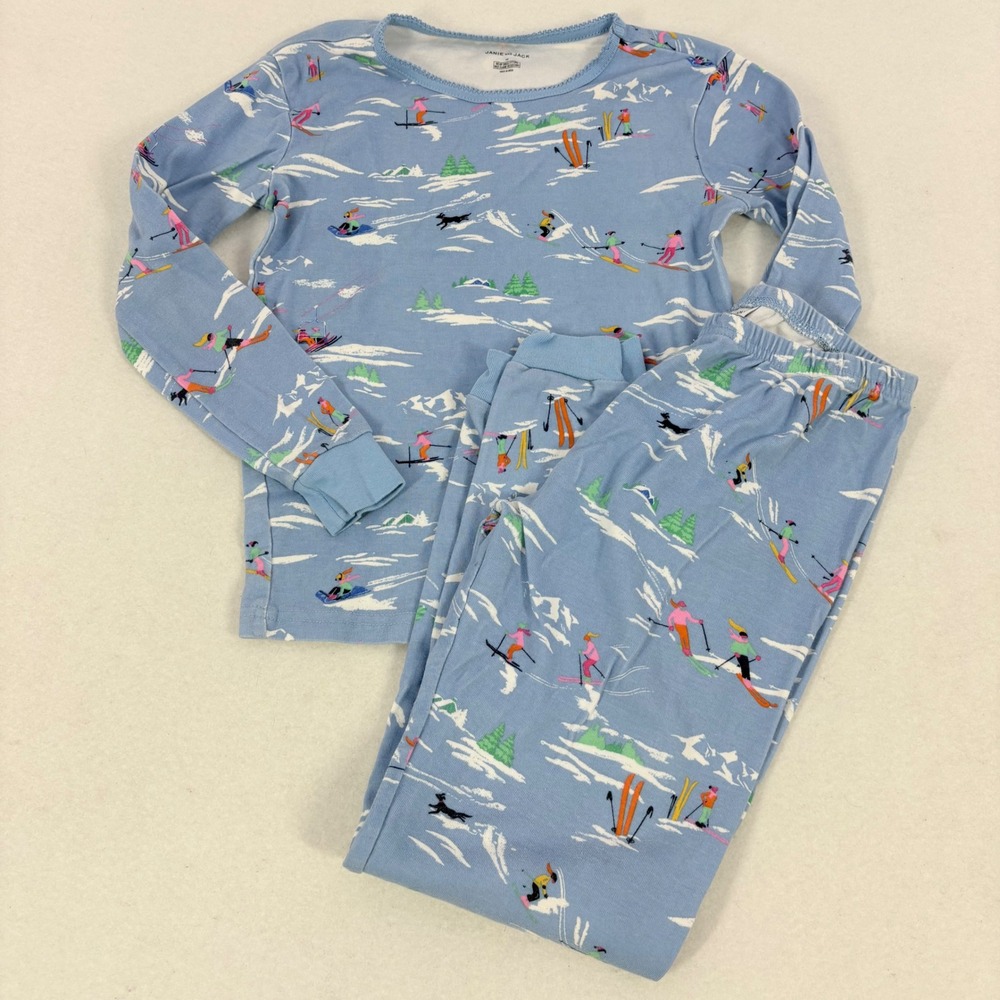 Janie and Jack Pajama Set Kids Size 12 Blue Cotton Winter Ski Trip Graphic